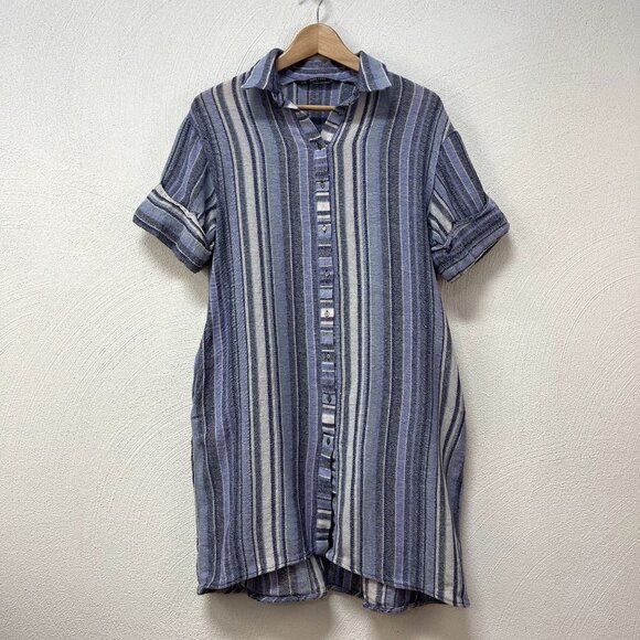 Zara Blue & White Striped Button Down Summer Dress sz Medium - Picture 1 of 5
